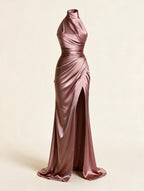 Elettra Ferri turtleneck shirred A-line maxi dress in soft fabric, featuring a fitted bodice and flowing skirt.