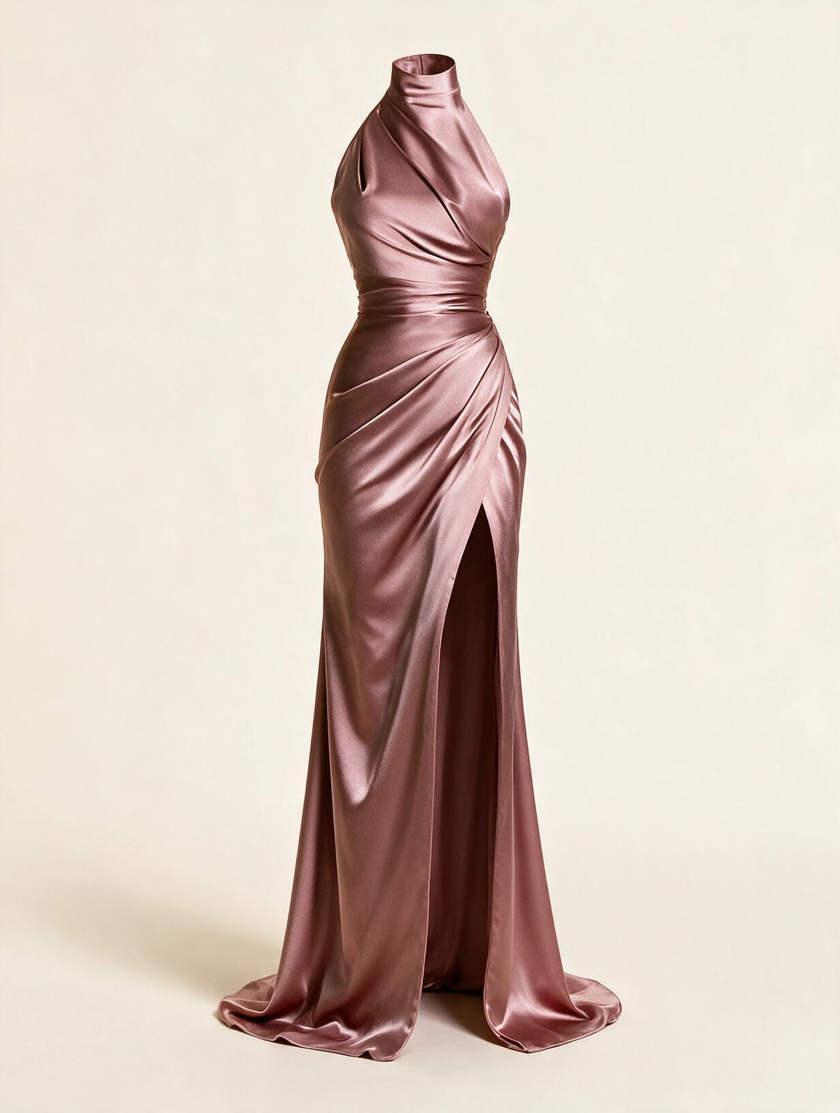 Elettra Ferri turtleneck shirred A-line maxi dress in soft fabric, featuring a fitted bodice and flowing skirt.